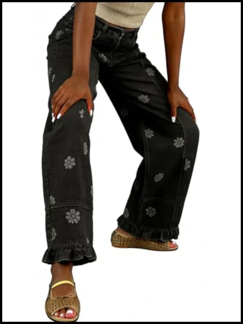 Floral Print Wide Leg Barrel Jeans for Women Y2k Patchwork Baggy Denim Pants